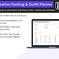 vacation-packing-outfit-planner-1 Screenshot of the Vacation Packing & Outfit Planner Notion template with the key features as bullet points