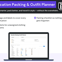vacation-packing-outfit-planner-2 Screenshot of the Vacation Packing & Outfit Planner Notion template with the key features as bullet points