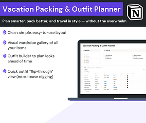 Screenshot of the Vacation Packing & Outfit Planner Notion template with the key features as bullet points