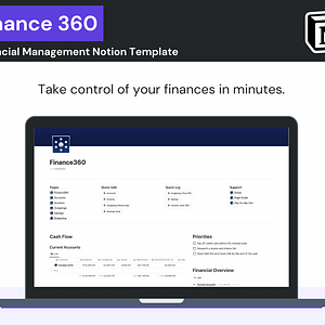Screenshot of the Finance 360 - Ultimate Finance Manager Notion template with the key features as bullet points