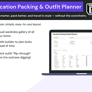 Screenshot of the Vacation Packing & Outfit Planner Notion template with the key features as bullet points