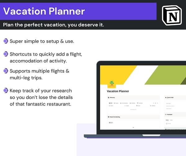 Vacation Planner Notion Template Screenshot With Key Features