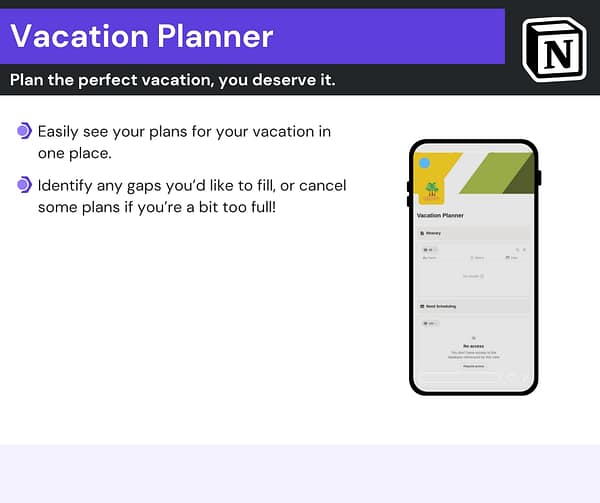Vacation Planner Notion Template Screenshot With Key Features