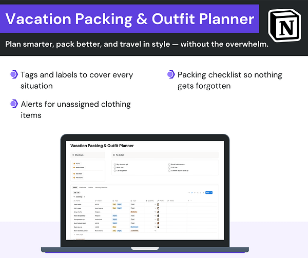 Screenshot of the Vacation Packing & Outfit Planner Notion template with the key features as bullet points